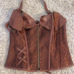 Brown Steampunk Brocade Corset Bustier Size L